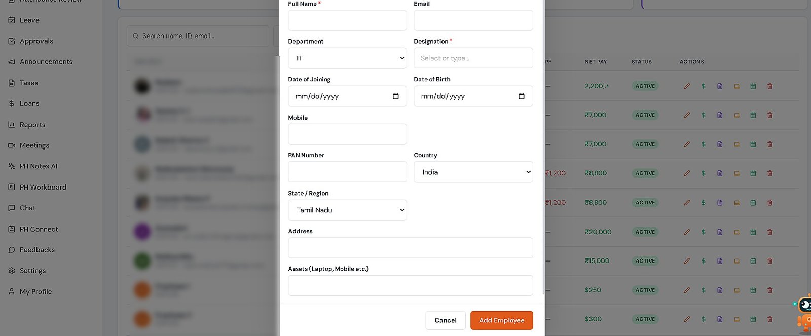 PH Payroll Employee Management screen