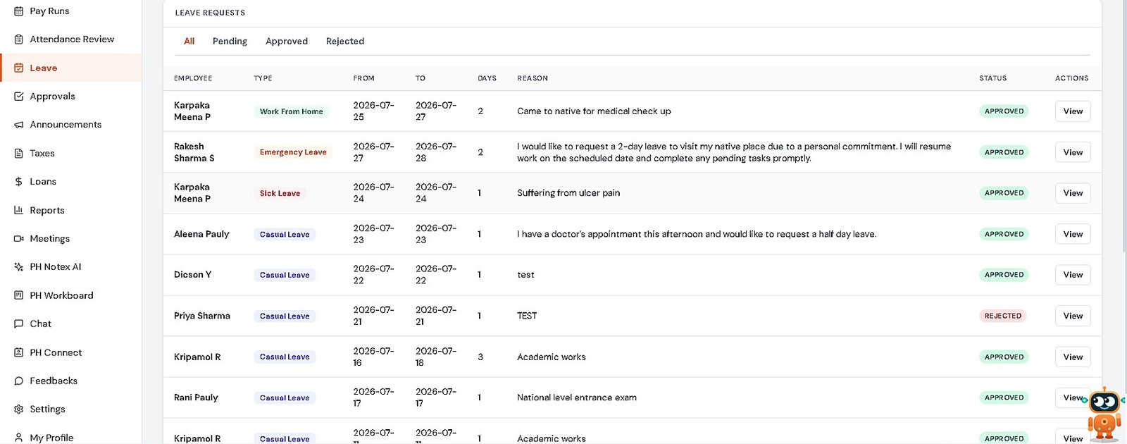 PH Payroll Leave Management screen