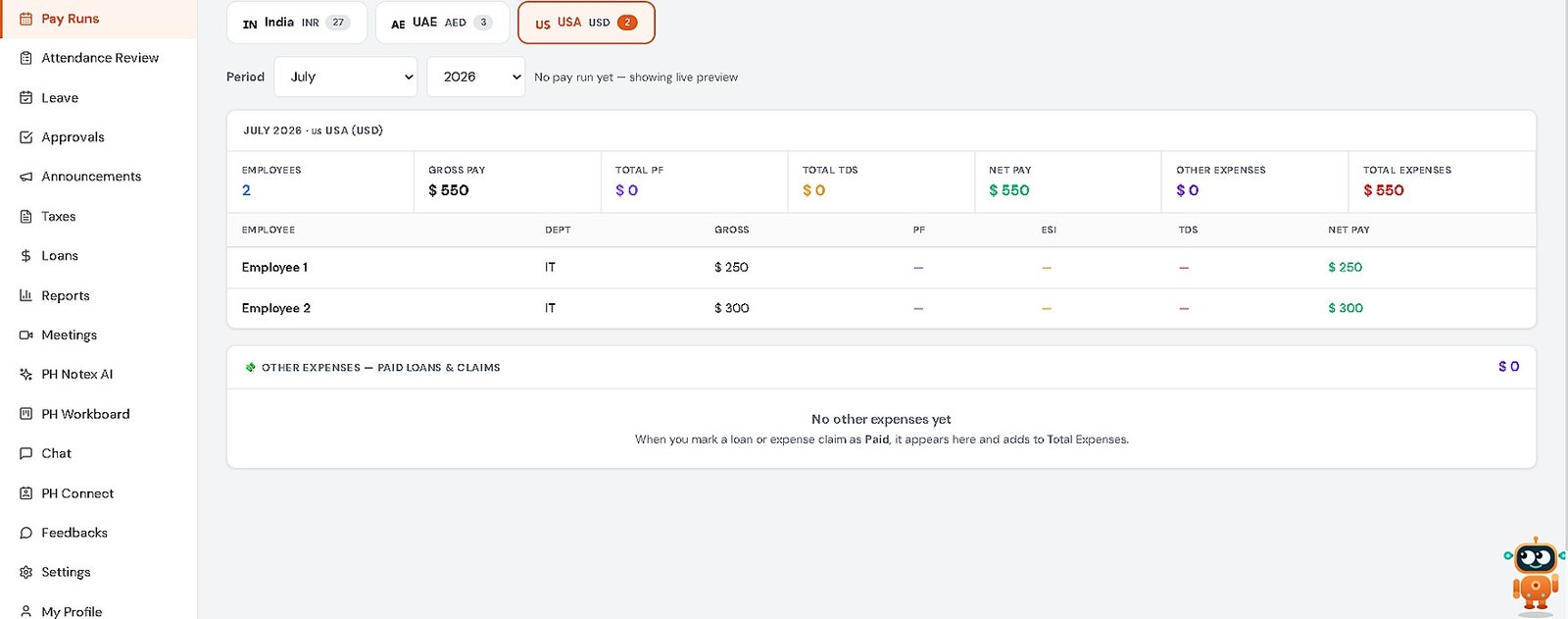 PH Payroll multi-currency pay run dashboard