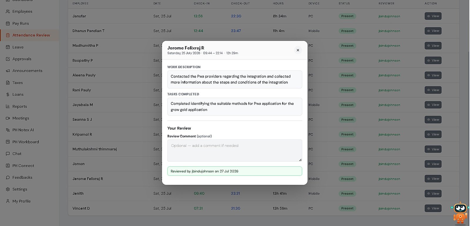 PH Payroll Work Review screen