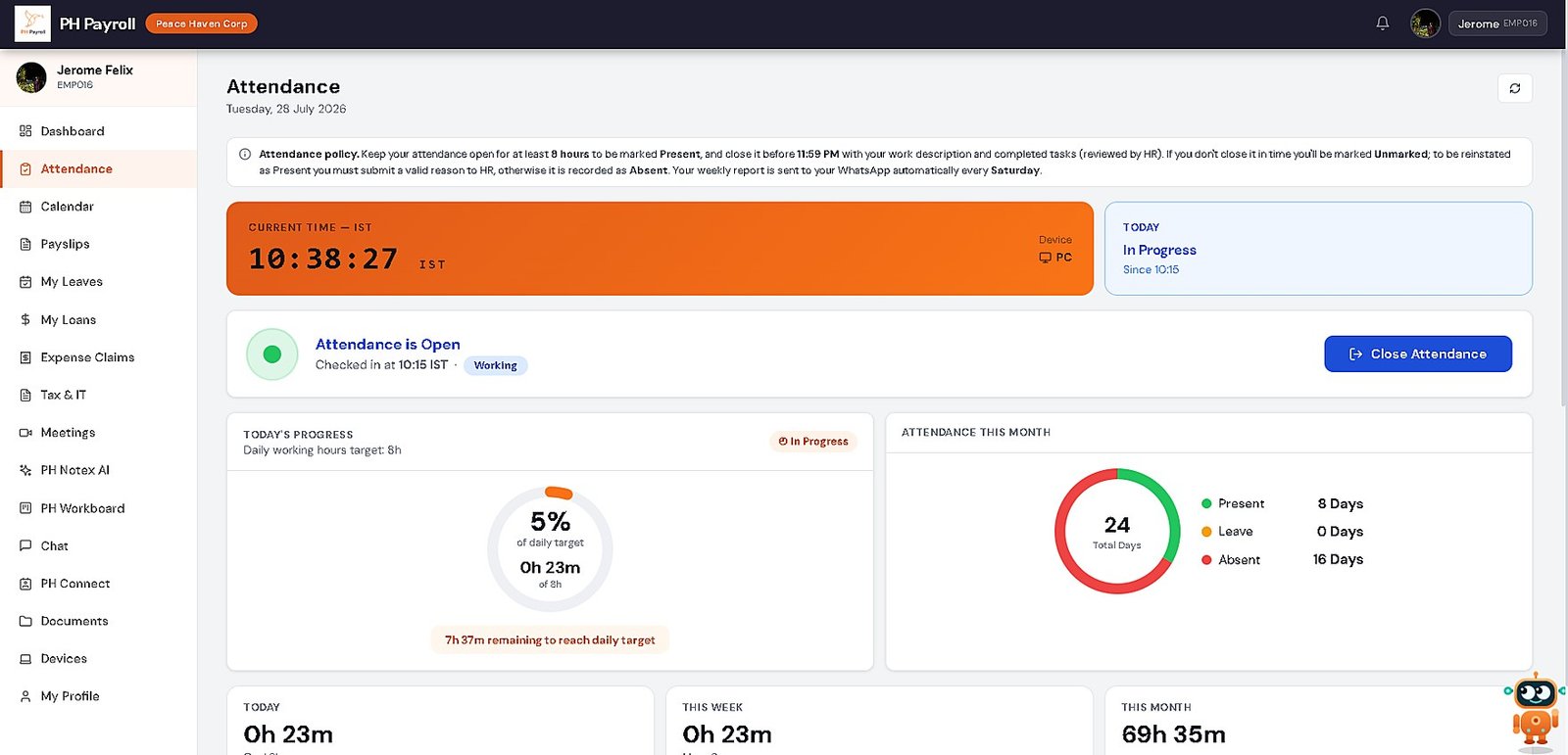 PH Payroll Employee Attendance screen