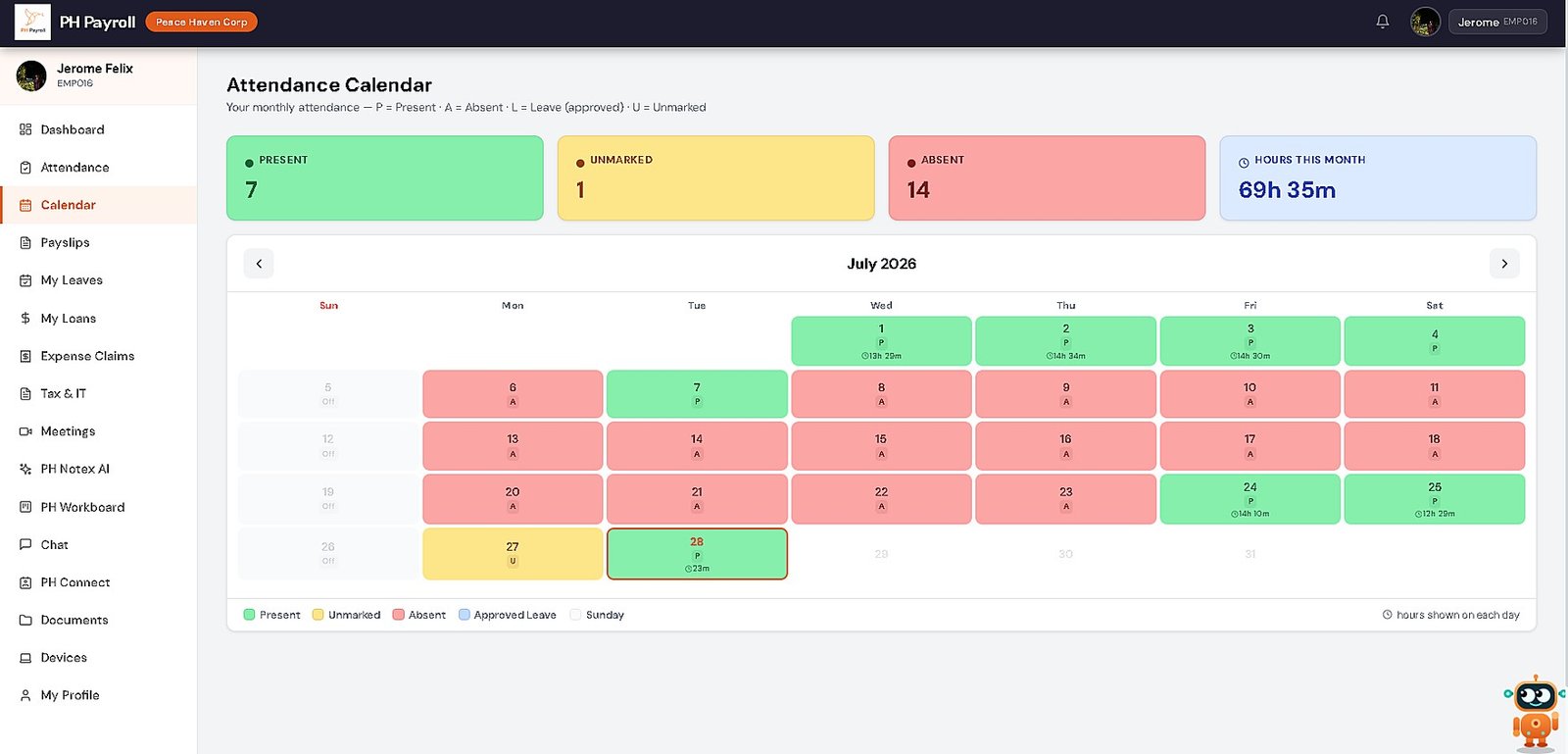 PH Payroll My Calendar screen