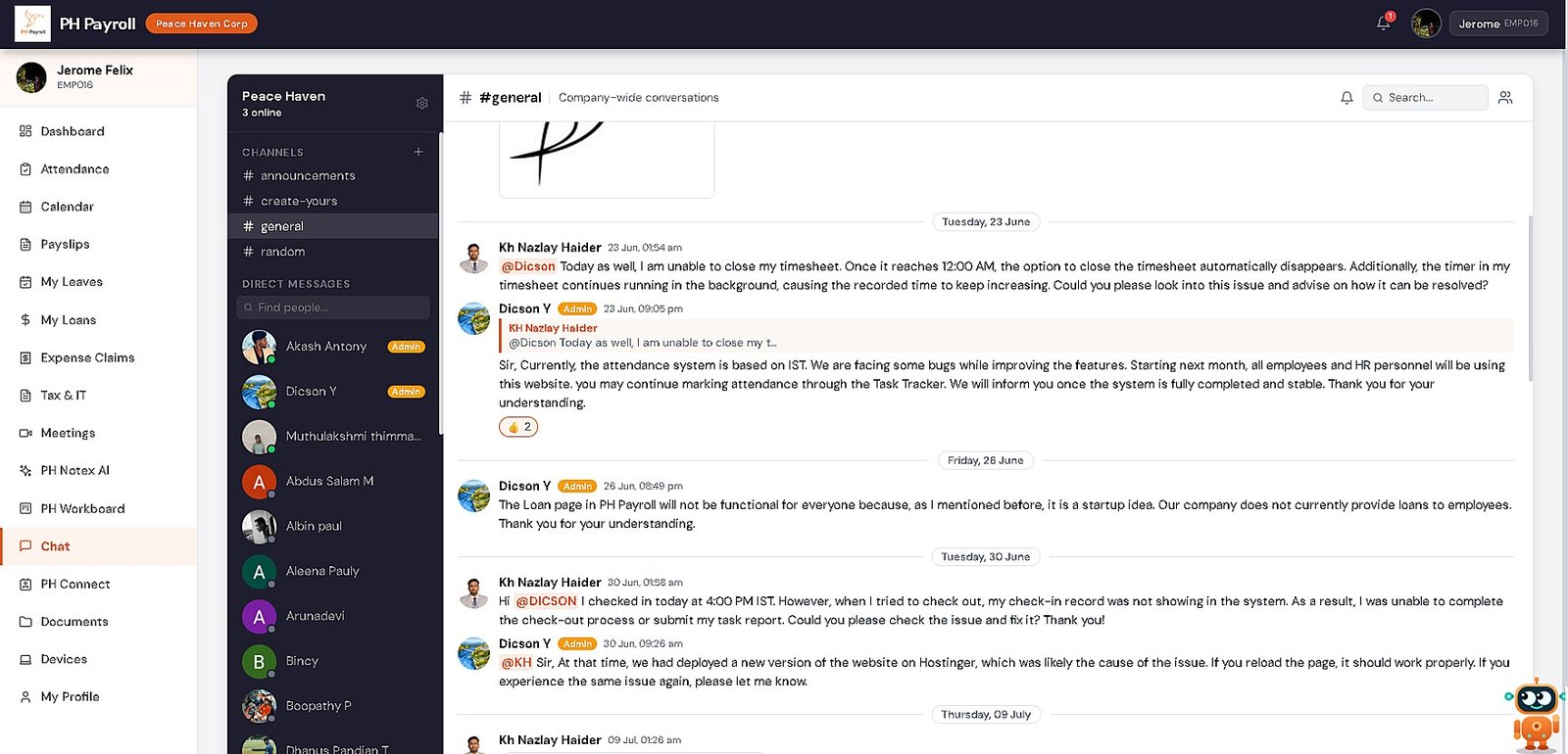 PH Payroll Team Chat screen