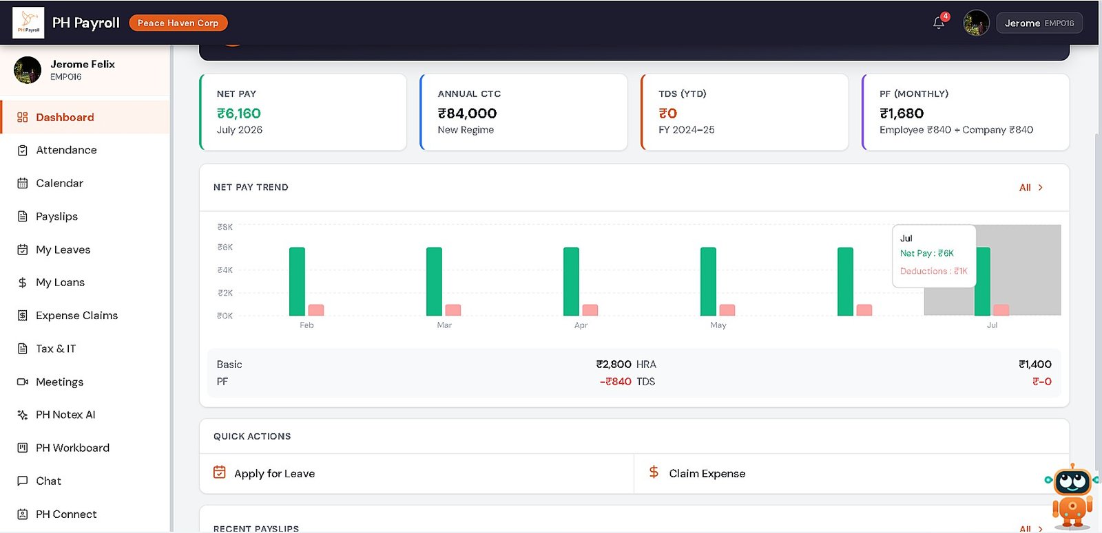 PH Payroll Employee Dashboard screen