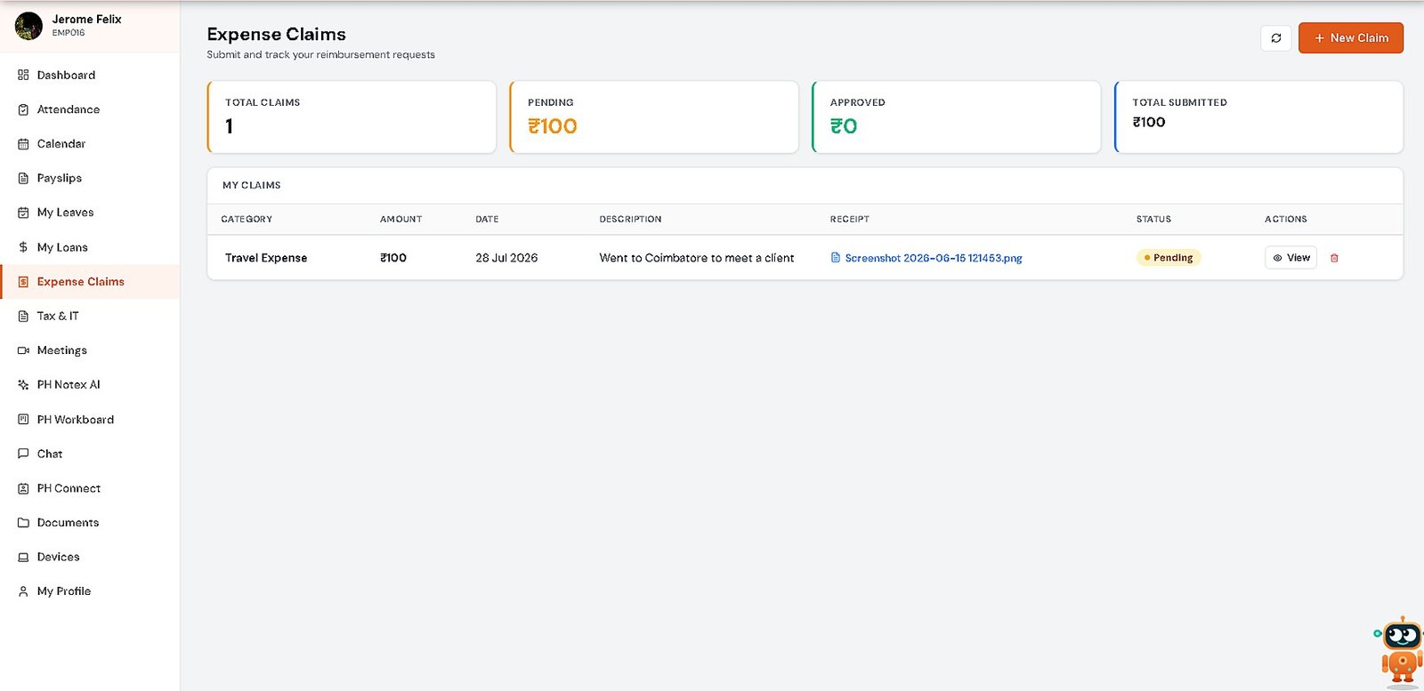 PH Payroll Expense Claims screen