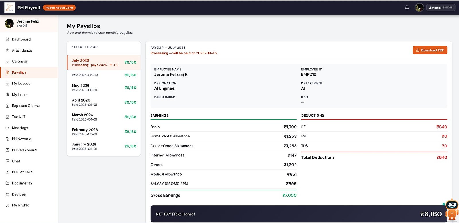 PH Payroll Payslips screen