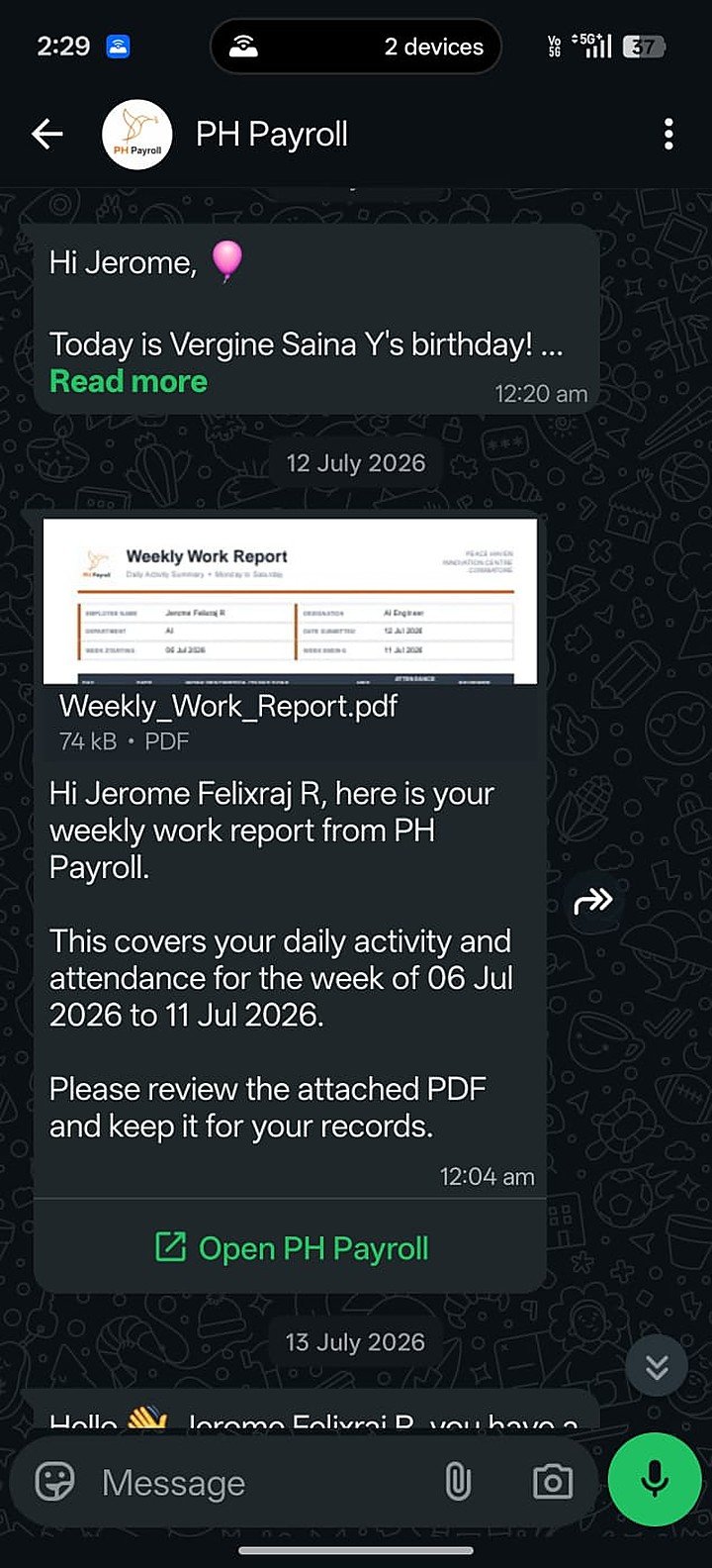 Birthday wish and weekly work-report PDF